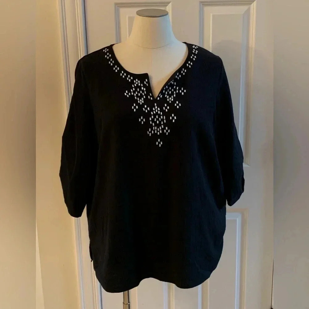 Susan Graver Blouse Plus 1X Beaded Neck Embellished Pullover Shirt Flowy Gauze